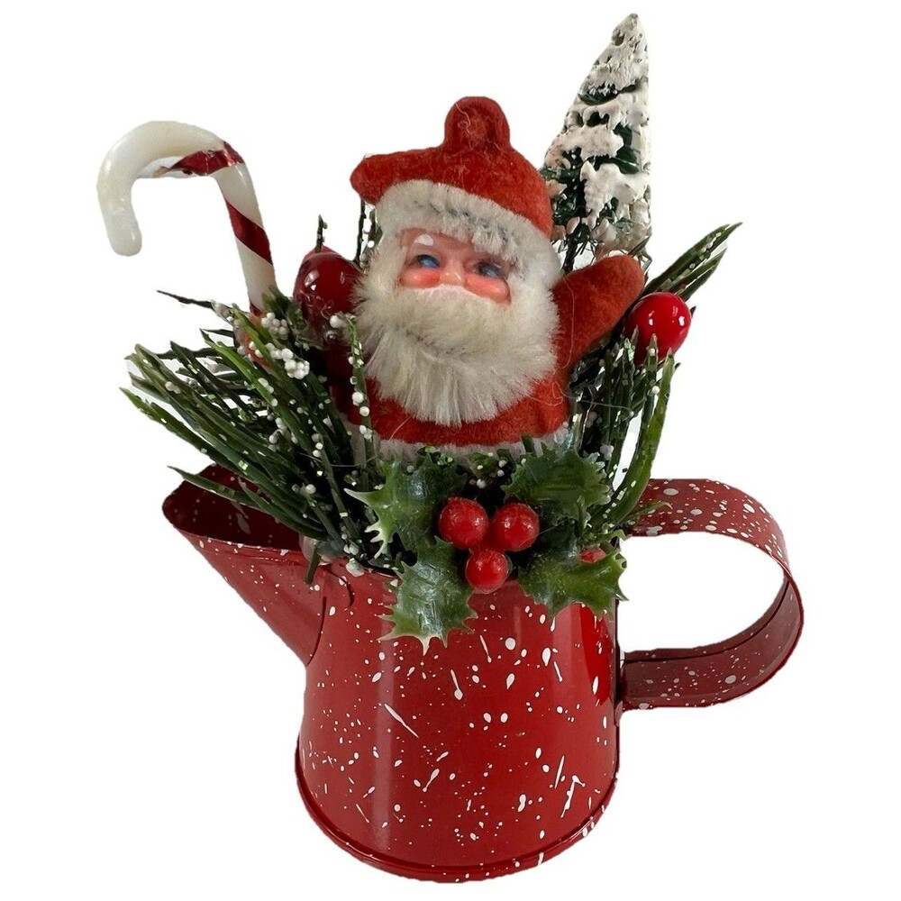 Vintage Christmas Santa Claus Tin Pitcher w/ Holiday Arrangement Miniature Decor